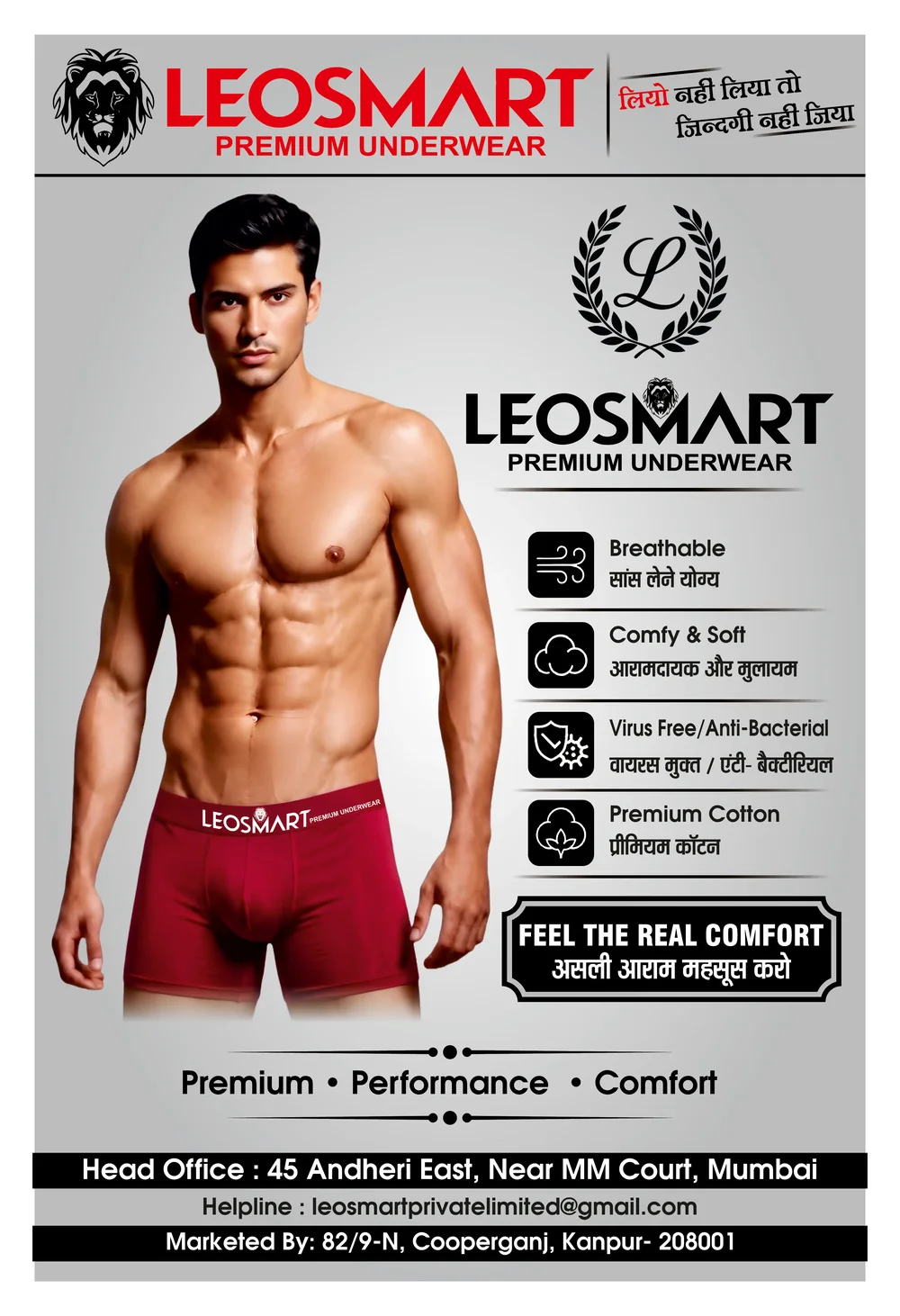 The Leosmart Premium Underwear brand board — the lion emblem, the range and the fabric claims behind it